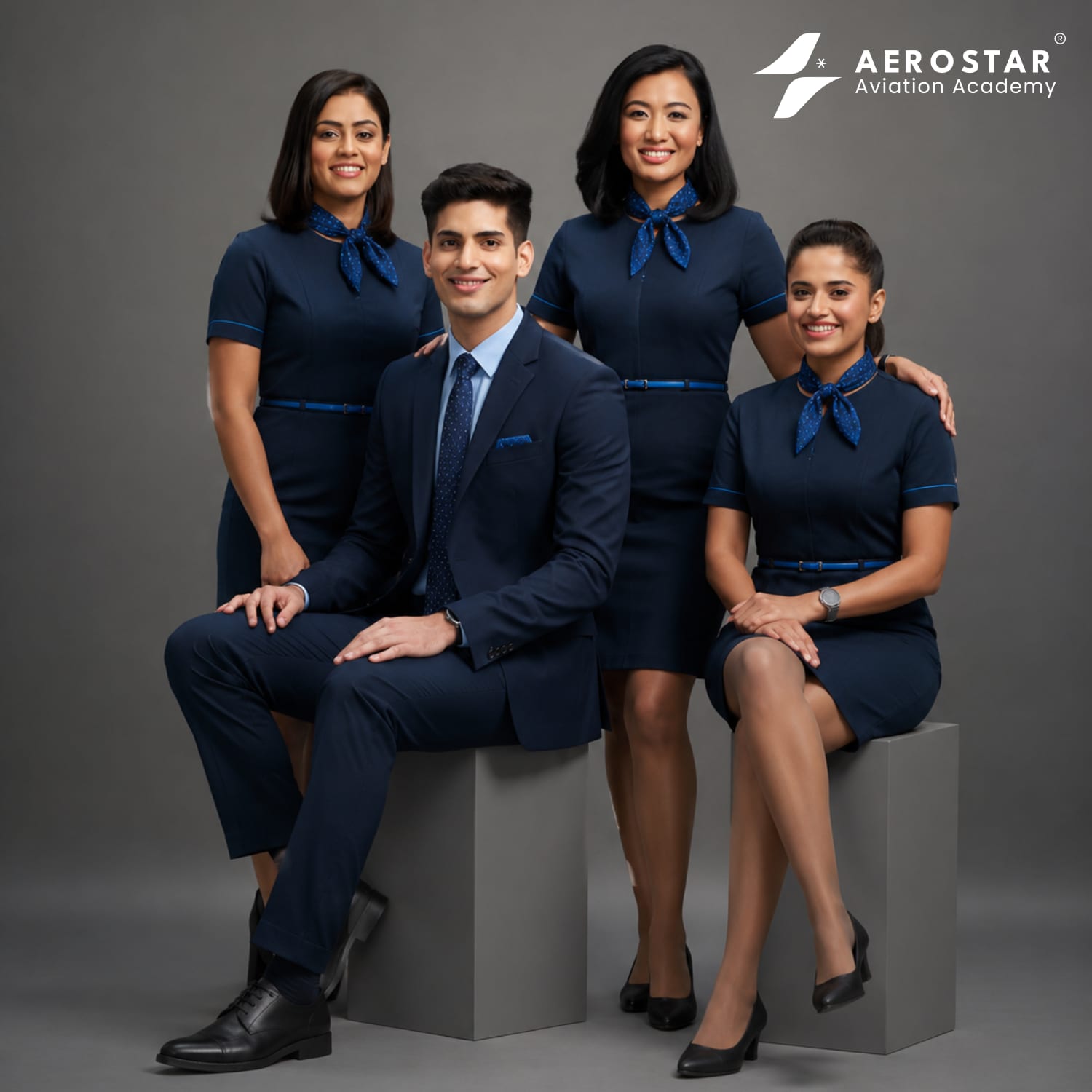 Aerostar Aviation Academy students and staff in professional aviation uniforms